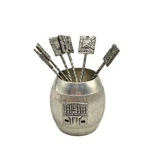 Vintage Carsu Bolivia Cocktail Picks Set with Barrel Holder 6 Picks Reusable